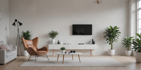 Fototapeta premium Modern retro concept of home interior with design sofa, armchair, coffee table, plants, carpet and personal accessoreis. Stylish home decor of living room.