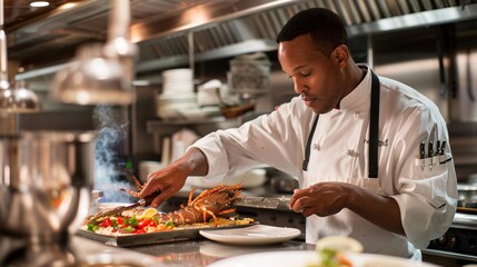 A distinguished male chef, exuding confidence and skill, prepares a sophisticated seafood dish in an upscale restaurant kitchen the kitchen's elegant design, featuring marble countertops and high-end