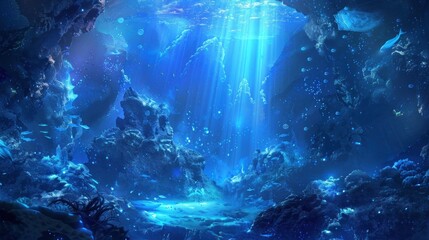 Obraz premium Underwater view seen from under the coral cliff, sunlight is visible. AI generative