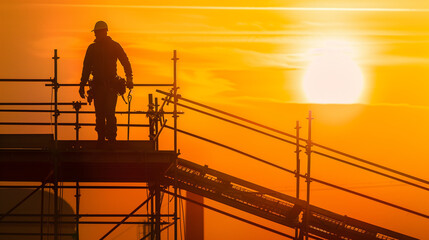 Construction Worker on Scaffold at Sunset with Dramatic Sky