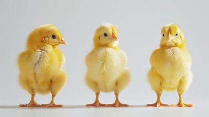 Yellow chickens are separated on a white backdrop