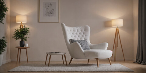 Modern retro concept of home interior at night with design sofa, armchair, coffee table, plants, carpet and personal accessoreis. Stylish home decor of living room.