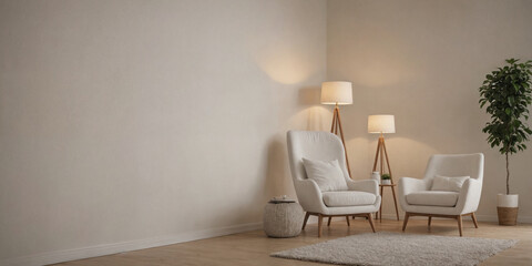 Modern retro concept of home interior at night with design sofa, armchair, coffee table, plants, carpet and personal accessoreis. Stylish home decor of living room.