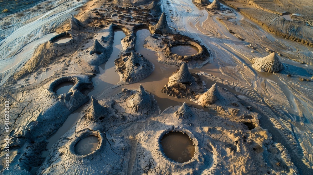 Canvas Prints a birds eye view of a large intricate network of mud volcano cones connected by narrow muddy paths.