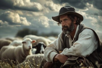 Shepherd with Flock: Rural Pastoral Scene of Sheep Grazing