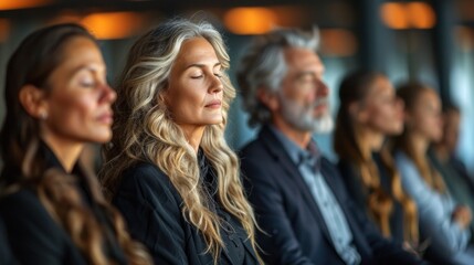 Obraz premium A group of people meditate together, finding peace and tranquility in a bustling city setting