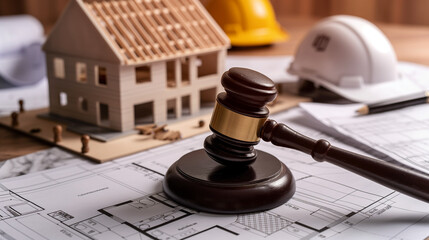 A courtroom gavel on detailed building plans, with a hard hat and house model in the background, emphasizing legal aspects of construction and engineering.