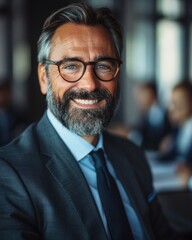 Fototapeta premium A man in a suit smiles while attending a business meeting