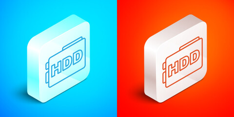 Isometric line Hard disk drive HDD icon isolated on blue and red background. Silver square button. Vector