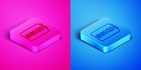 Isometric line SSHD card icon isolated on pink and blue background. Solid state drive sign. Storage disk symbol. Square button. Vector