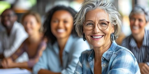 Fototapeta premium A woman with gray hair and glasses smiles brightly as she sits with friends in a relaxed, indoor setting