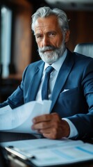 A man in a suit looks intently at papers in his hand