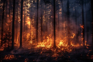 Fototapeta premium Intense image capturing the fierce flames of a forest fire amid the trees during twilight