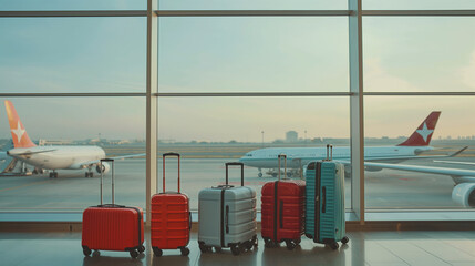 A group of stylish suitcases positioned near large airport windows, with planes in the distance and ample copy space for holiday travel messages.