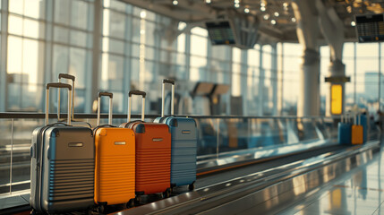 A collection of modern suitcases at the baggage claim area, with a bustling airport backdrop and plenty of copy space for travel promotions.