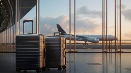 Fototapeta premium Several suitcases standing on a sleek airport floor, with an airplane taxiing outside and clear copy space for vacation advertising.