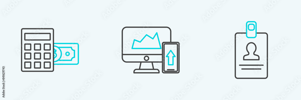 Poster set line identification badge, calculator with dollar symbol and financial chart graph the computer 