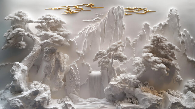 A concrete wall featuring volumetric stucco molding with golden details, capturing the beauty of a Japanese landscape with waterfalls, mountain ranges, and sakura trees.