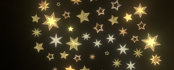 Banner with golden decoration. Festive border with falling glitter dust and stars.
