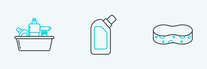 Set line Sponge, Plastic bottles for liquid dishwashing liquid and icon. Vector