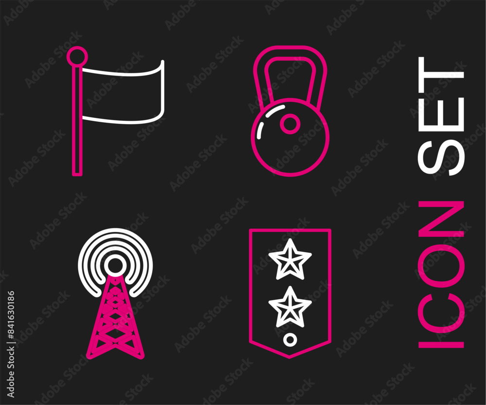 Poster set line chevron, radar, kettlebell and flag icon. vector