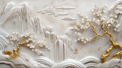 Artistic stucco molding on a concrete wall with golden elements, representing a tranquil Japanese landscape with cascading waterfalls, majestic mountains, and sakura blossoms.