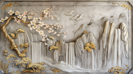 A concrete wall adorned with detailed stucco molding and golden accents, depicting a peaceful Japanese landscape with flowing waterfalls, rugged mountains, and sakura trees.