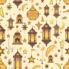 A seamless pattern showcasing detailed lanterns, stars, and mosque elements, symbolizing the holy month of Ramadan Kareem