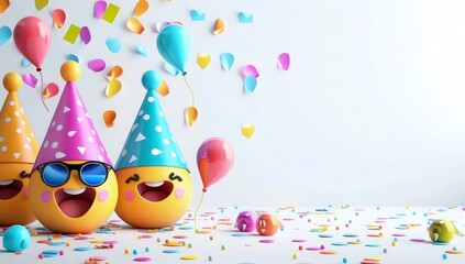 Smile greeting card with party hat and sunglasses emoji face. Happy birthday greeting with 3d smile character copy space for text