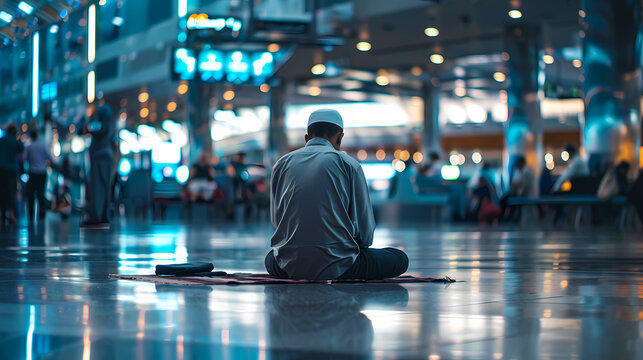 A muslim man sits on the floor in a busy airport and praying