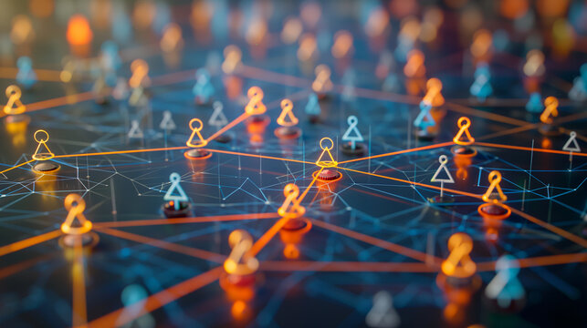 A detailed diagram of business contacts and connections, featuring bright nodes and connecting lines, representing corporate relationships and networking.