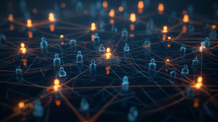 Fototapeta premium A complex network of professional contacts and connections, highlighted with glowing nodes and lines, emphasizing corporate relationships.