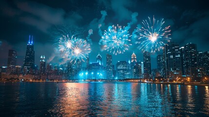 Fireworks explode over the Chicago skyline, reflecting in the calm waters below Independence day of America