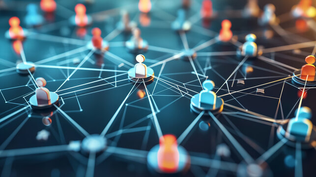 A detailed diagram of interconnected business contacts and connections, with bright nodes and lines, representing networking and strategic partnerships.