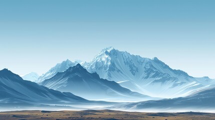 A serene mountain landscape with a clear blue sky and distant peaks. 