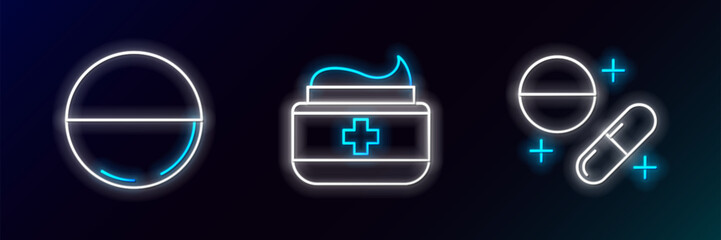 Set line Medicine pill or tablet, and Ointment cream tube medicine icon. Glowing neon. Vector