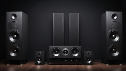 Fototapeta premium A loudspeakers for music and sound surround home theatre system placed in dark background with copy space, sound system banner design 