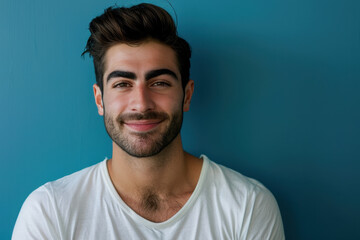 A close up portrait of a young man with a subtle smile