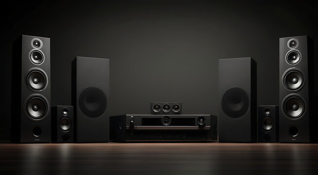 A loudspeakers for music and sound surround home theatre system placed in dark background with copy space, sound system banner design
