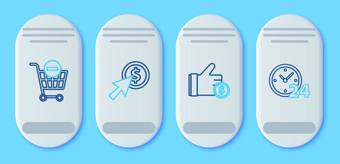 Set line Cursor and coin, Hand holding, Remove shopping cart and Clock 24 hours icon. Vector