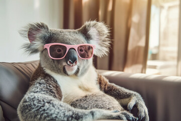 Relaxed koala wearing pink sunglasses, sitting on a couch with a sunlit background, exuding a cool and laid-back vibe..