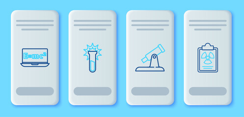 Set line Test tube and flask, Telescope, Equation solution and Radiation warning document icon. Vector