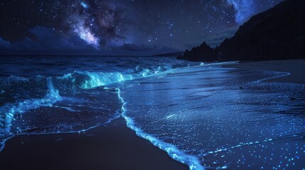 A tranquil beach with bioluminescent waves at night. 