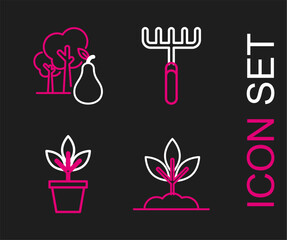 Set line Plant, Flowers in pot, Garden rake and Tree with pears icon. Vector