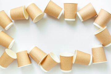 Disposable paper coffee cups, top view. Eco-friendly zero waste products