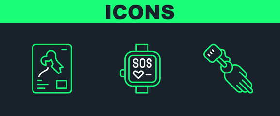 Set line Prosthesis hand, X-ray shots and Smart watch icon. Vector