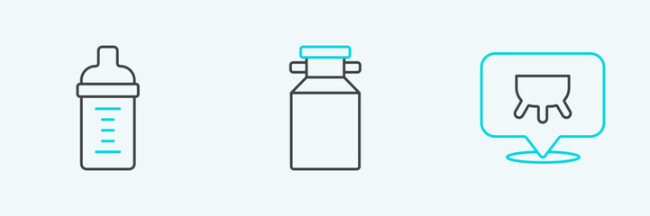 Set line Udder, Baby milk in a bottle and Can container for icon. Vector