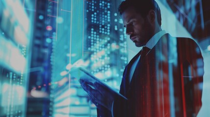 In an advanced office setting, a professional businessman is utilizing a tablet for analyzing data amid digital graphics and neon lights, crafting a contemporary and advanced vibe