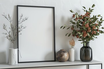 Black vertical frame mockup in white room with fresh eucalyptus plant in vase