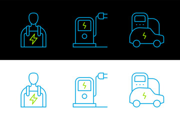 Set line Electric car, Car mechanic and charging station icon. Vector